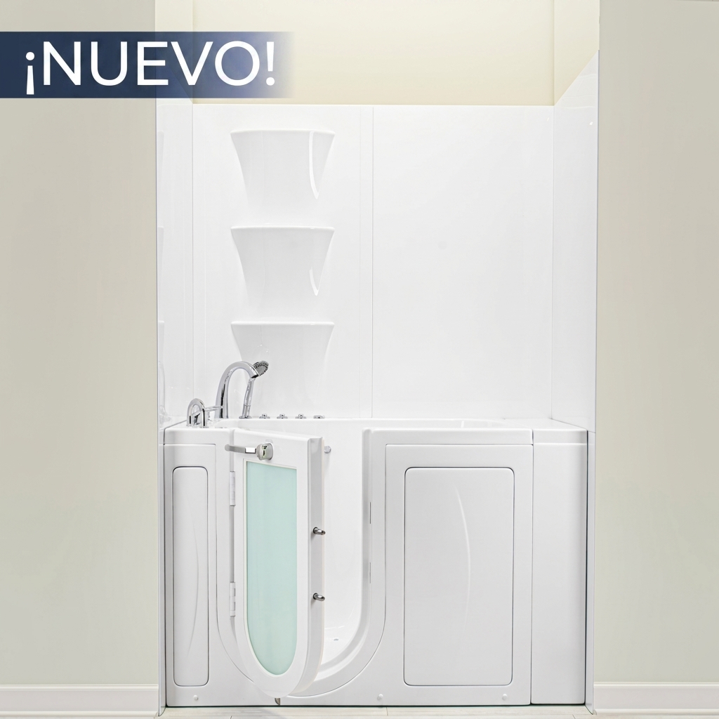 Nuevo kit de pared de ducha blanco acrílico de 6 piezas de Ella con nichos de esquina apilados para jabón y grifería cromada en una bañera
