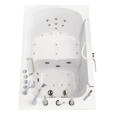 White Ella TransferXXL walk-in tub, overhead view, with outward swing door, dual jets, grab bars, and chrome faucet controls