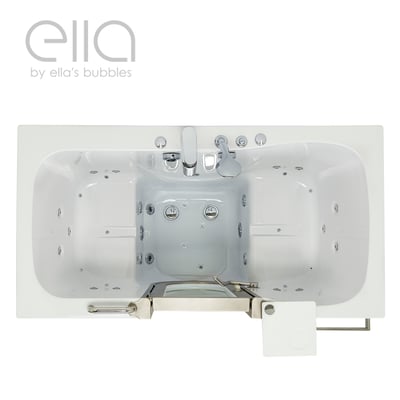 Overhead view of the Ella Companion walk-in tub interior showing dual drains, hydro jets, and chrome faucet fixtures