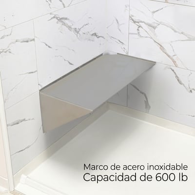 Asiento esquinero para ducha con estructura de acero inoxidable montada en la pared y capacidad de 600 lb, instalado contra paredes de azulejo de mármol