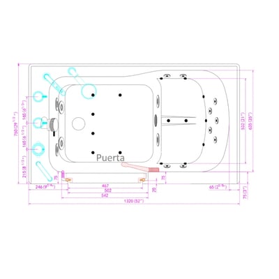 Diagrama dimensional de vista superior de la bañera de acceso Ella S-Class 30x52 con desagüe de puerta a la derecha y etiquetas de ubicación de los jets