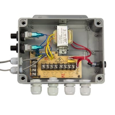 Open electrical junction box showing internal circuit board, transformer, wiring, and terminal blocks for walk-in tub control system