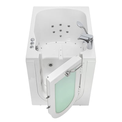 Baignoire à porte vue de face avec porte battante vers l’extérieur ouverte, montrant les jets d’hydrothérapie et d’air, le robinet chromé et le siège intégré