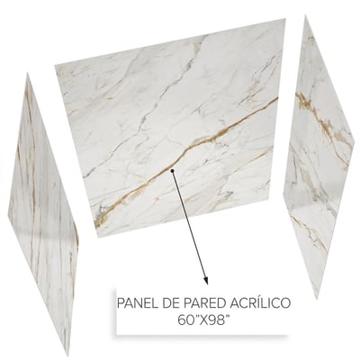 Revestimiento de pared acrílico de tres paneles con patrón de mármol Calacatta Luxor y panel central etiquetado de 60x98 pulgadas