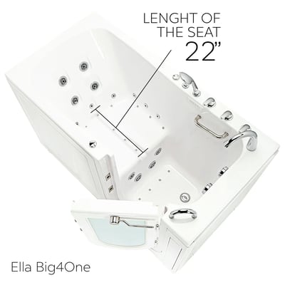 Vista interior de la bañera con puerta Ella Big4One destacando el asiento de 56 cm de longitud con hidromasaje, barra de apoyo y puerta abierta