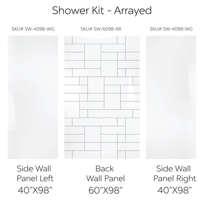 Diagrama del kit de ducha Ella mostrando panel de pared trasero con patrón de azulejo dispuesto de 60 × 98 y dos paneles de pared lateral lisos de 40 × 98