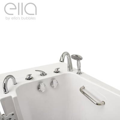Close-up of chrome faucet controls, handheld showerhead, and grab bar on the Ella Transfer30 walk-in tub deck