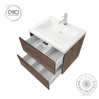Meuble-lavabo de salle de bain Ella finition noyer avec deux tiroirs ouverts montrant des séparateurs intérieurs et lavabo intégré blanc avec robinet chromé
