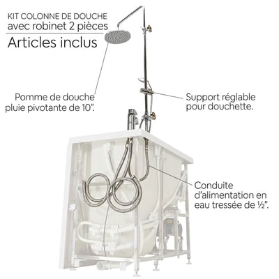 Kit de colonne de douche pour baignoire à porte Ella avec robinet 2 pièces montrant la pomme de douche à effet pluie, le support de douchette réglable et les conduites d’alimentation en eau tressées