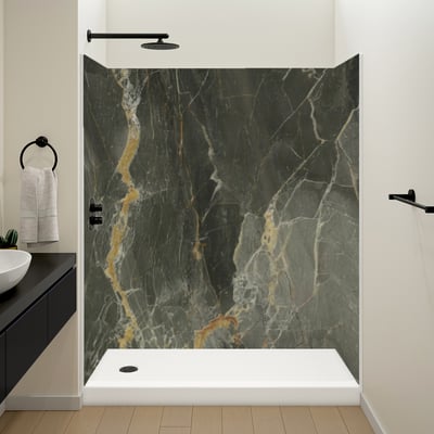 Ella accessible shower stall with Verde Alpi marble-look wall panels, white base, and matte black rain showerhead