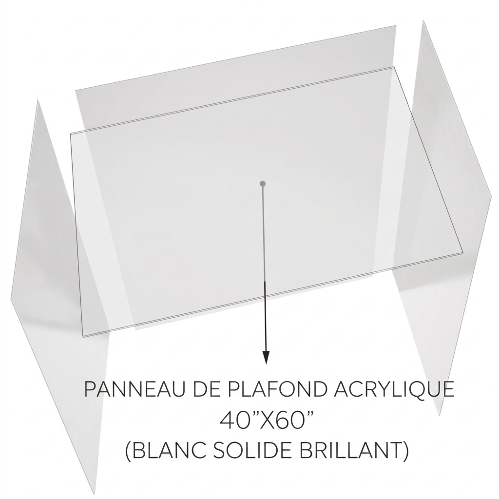Schéma 3D d'un panneau de plafond en acrylique blanc brillant massif de 40 x 60 pouces pour une cabine de douche accessible
