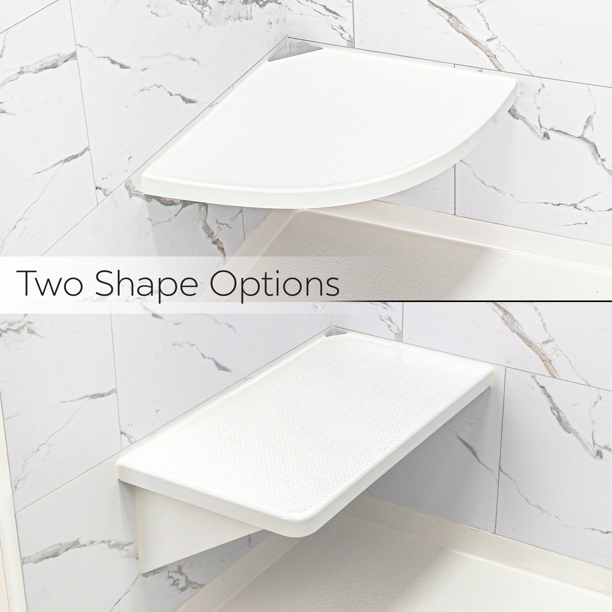 Rounded and rectangular Ella bariatric corner shower seats mounted on marble look shower walls