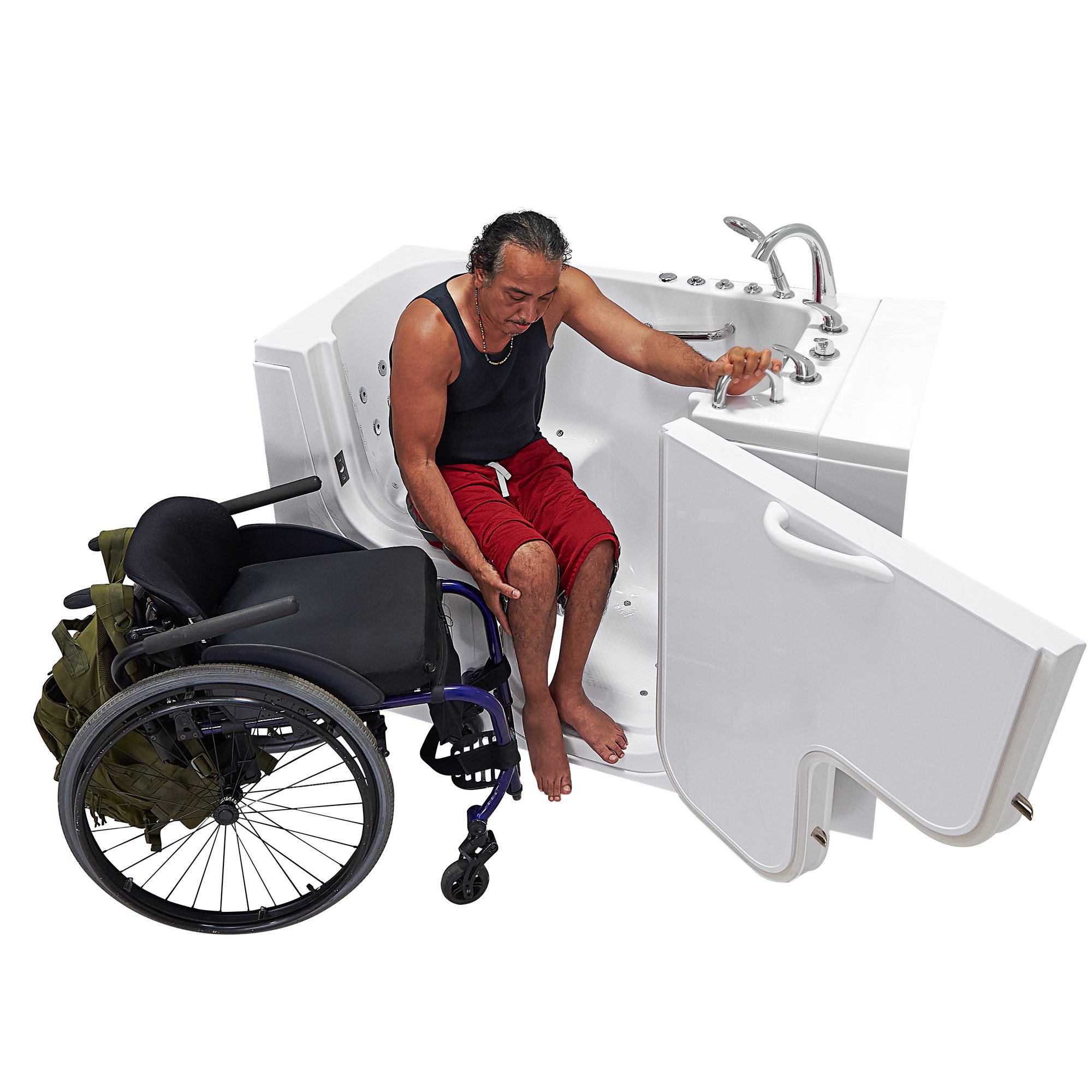 Wheelchair user transferring from a wheelchair into the Ella Transfer30 walk-in tub with the outward swing door open