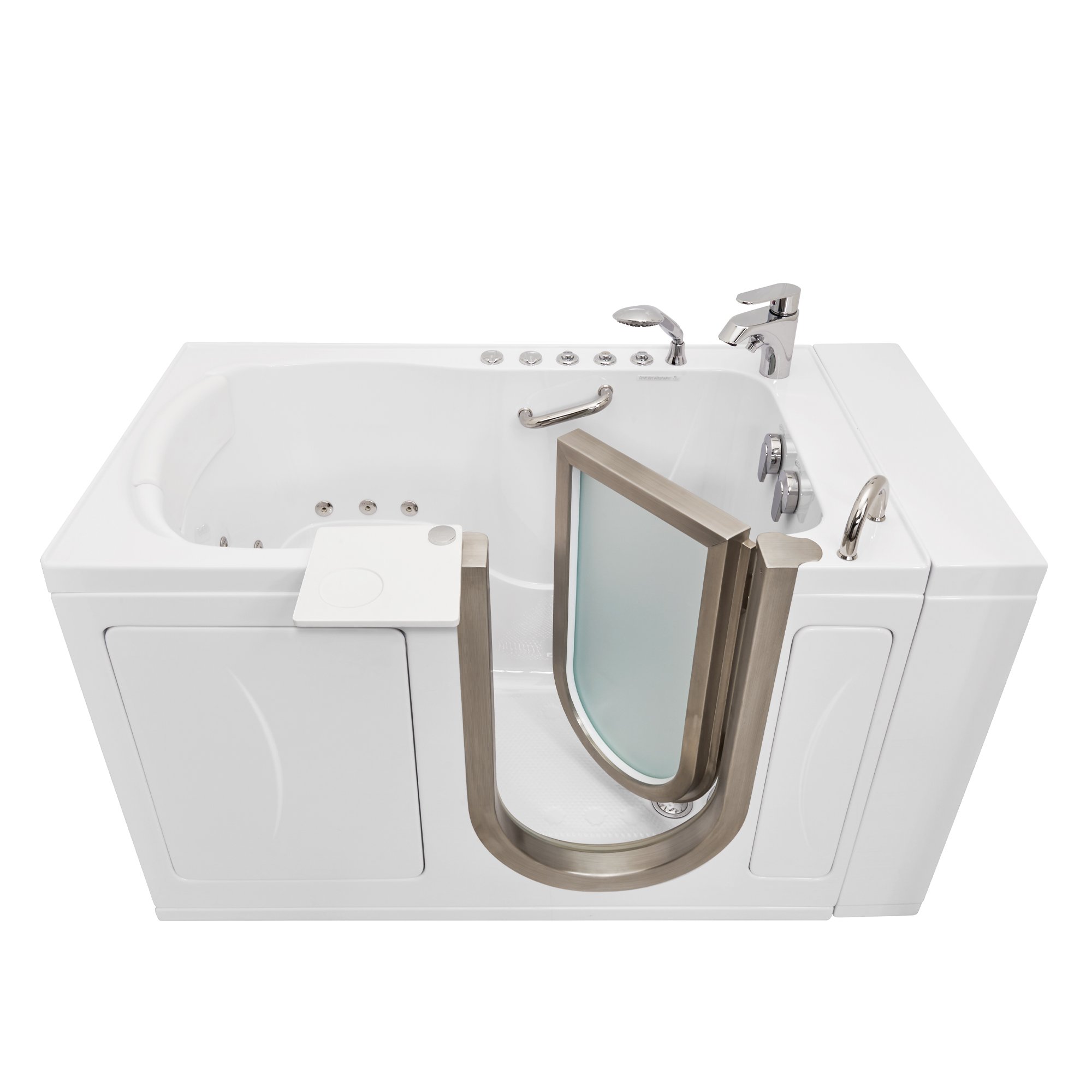 White Ella's Bubbles walk-in tub with U-shape inward swing glass door open, chrome faucet, jets, and side tray