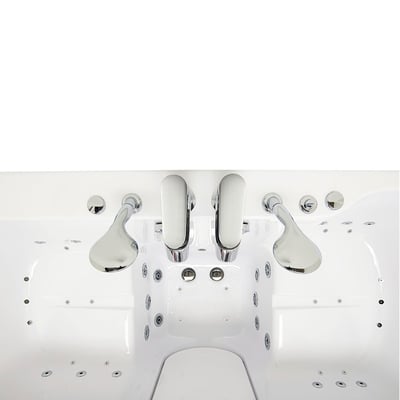 Close-up of chrome faucet controls, dual grab bars, hydro jets, and anti-slip seat inside the Ella Big4Two two-seat walk-in tub