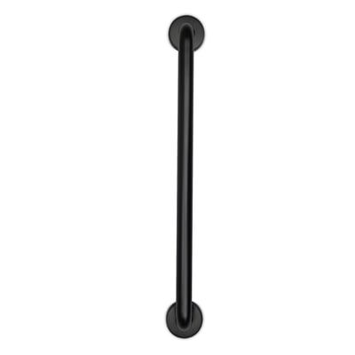 Matte black straight grab bar for bathtubs and showers mounted vertically with round flanges
