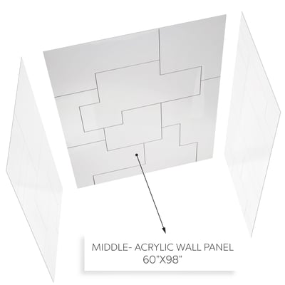 Diagram showing a 60x98 inch CNC engraved acrylic middle wall panel with geometric tile pattern for accessible shower walls
