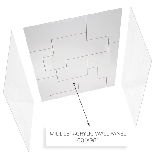 Diagram showing a 60x98 inch CNC engraved acrylic middle wall panel with geometric tile pattern for accessible shower walls