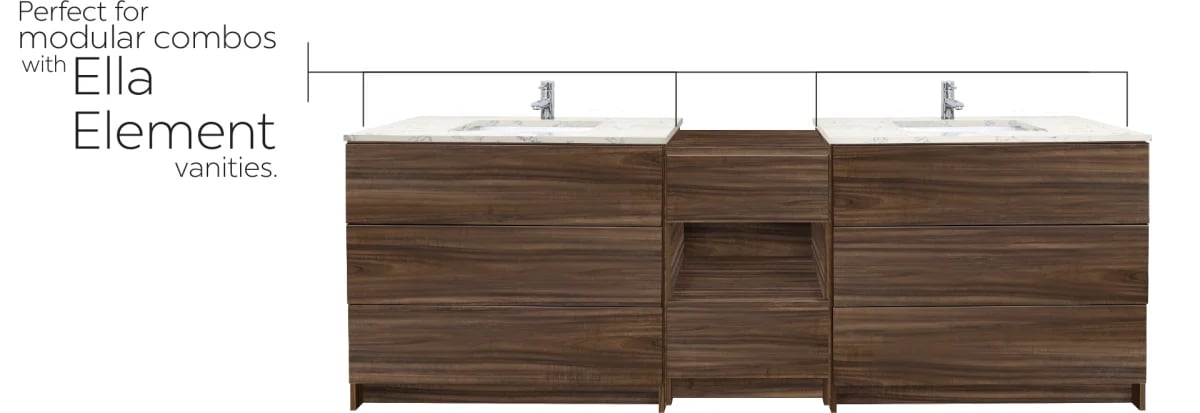 Conjunto de lavabo modular Ella Element con doble seno, acabado en madera de nogal, encimera de mármol y espacio abierto para las rodillas