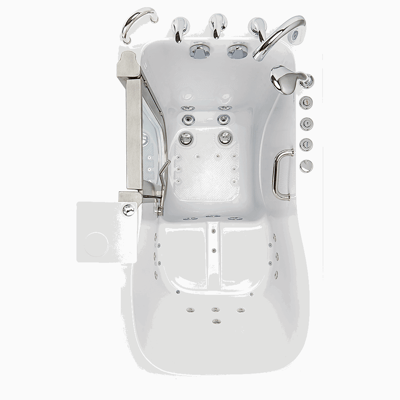 Vue de dessus de la baignoire à porte Ella Deluxe 30 × 55 montrant les jets hydro, le sol antidérapant, la barre d’appui et la porte ouverte avec technologie de double vidange
