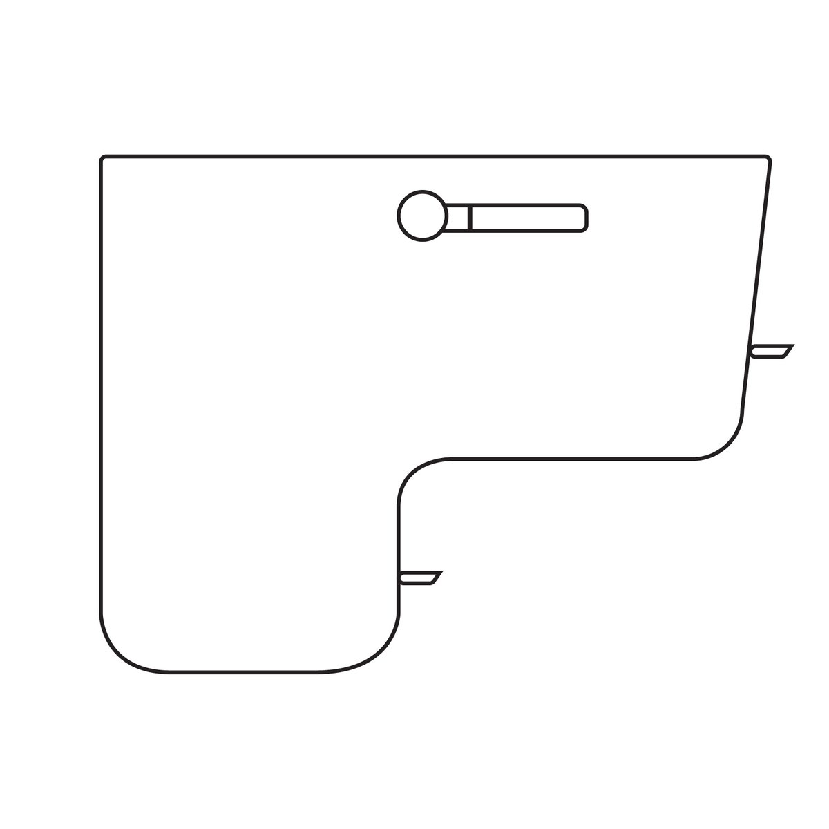 Top view line drawing of a walk-in tub outward swing door configuration showing the door handle and entry step