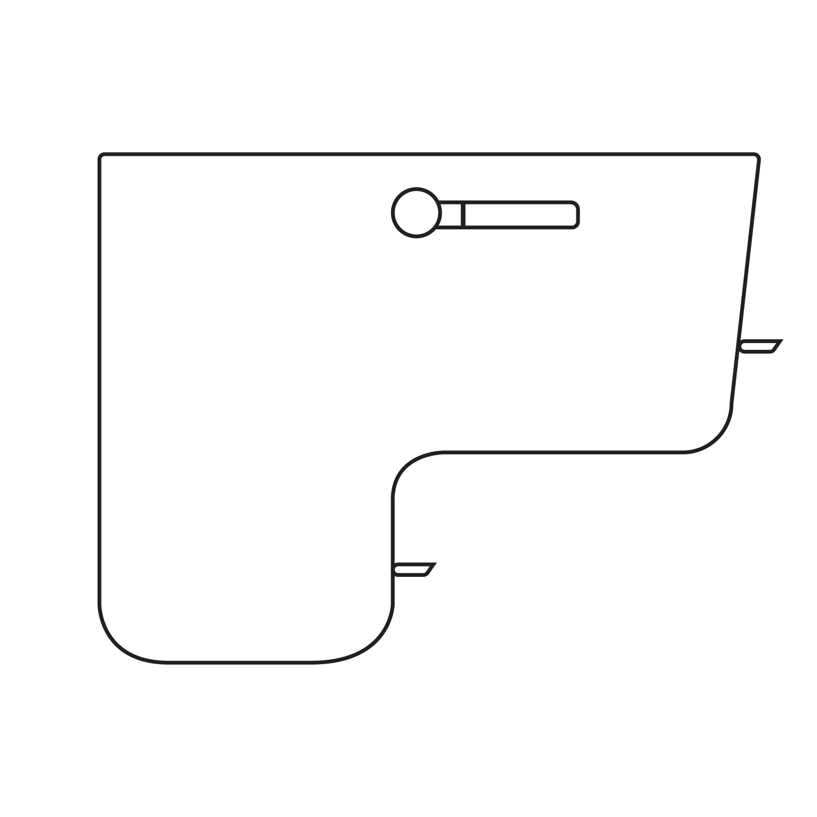 Top view line drawing of a walk-in tub outward swing door configuration showing the door handle and entry step