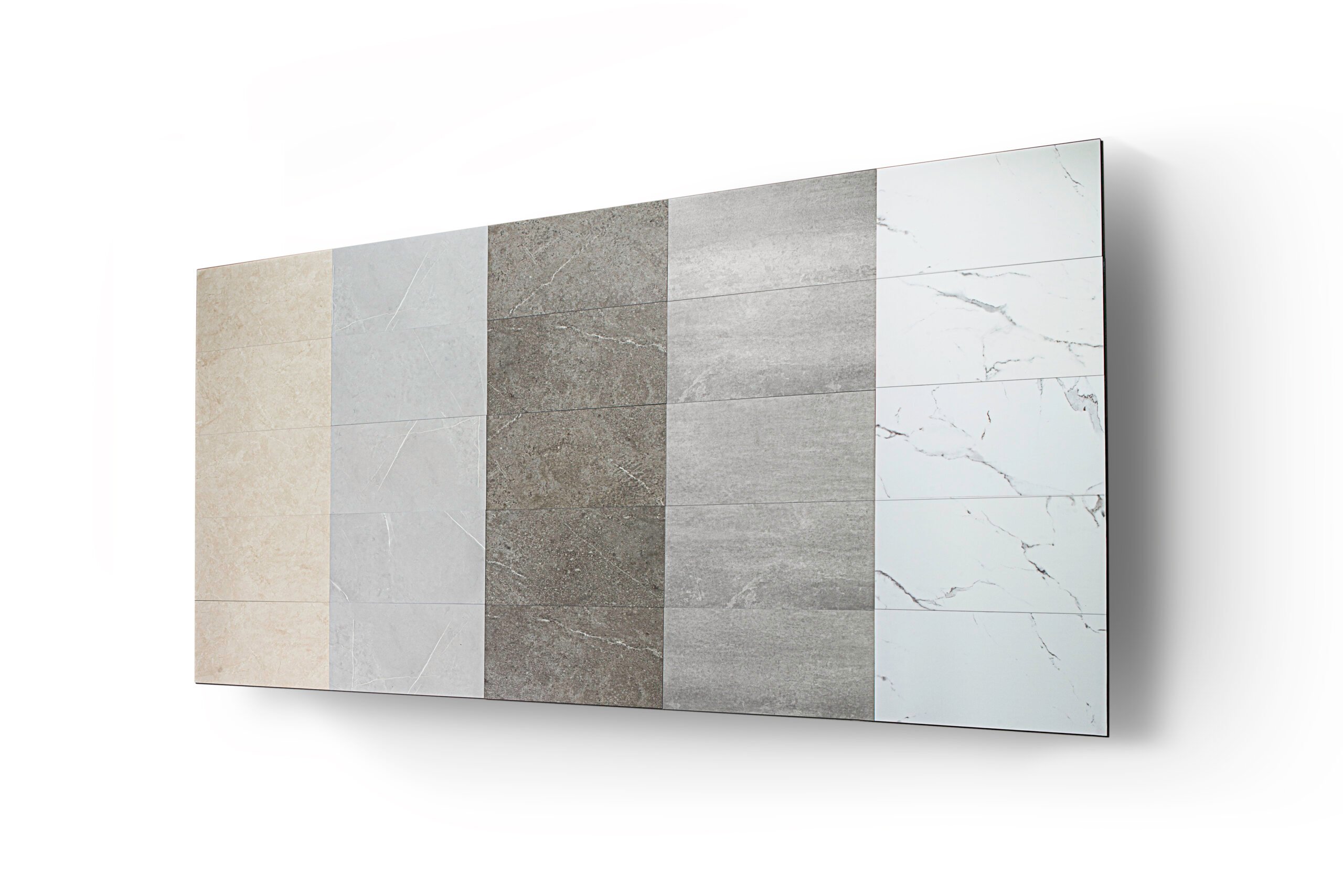 Five grout-free shower wall tile panel color options ranging from beige and light gray to dark gray and white marble