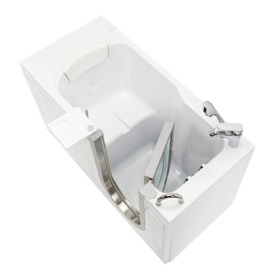 Overhead view of the Ella Elite walk-in tub with dual drain technology, open door, chrome faucet, and built-in seat