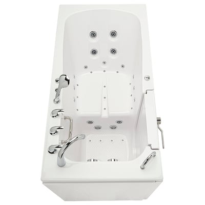 Overhead view of Ella Big4One walk-in bathtub with hydro jets, air jets, chrome faucet, and anti-slip floor mat