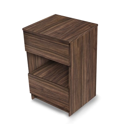 Ella Element modular floor cabinet in walnut finish with two drawers and open middle shelf storage