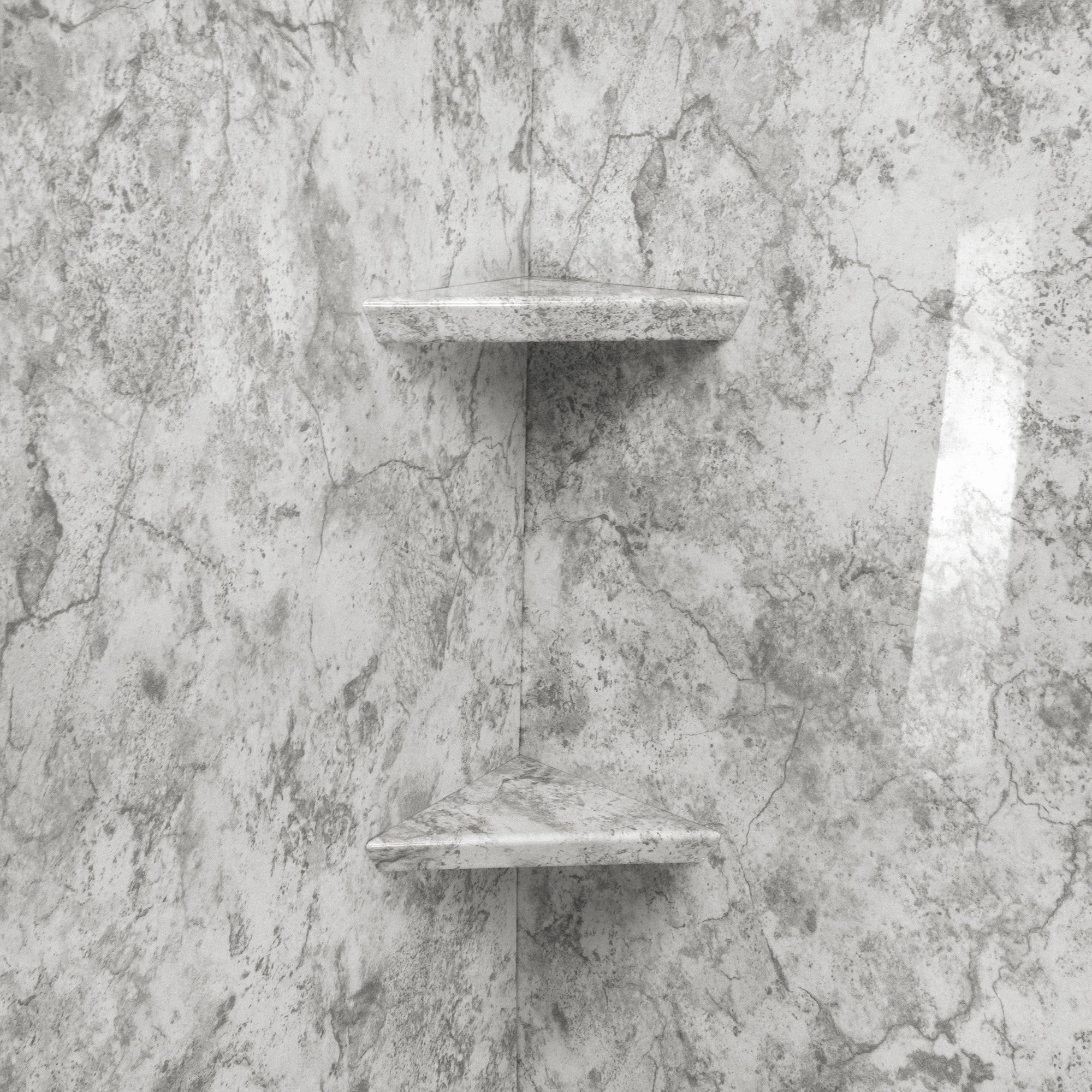 Close-up of two corner shelves in a limestone-finish acrylic panel shower stall with marble-style veined walls