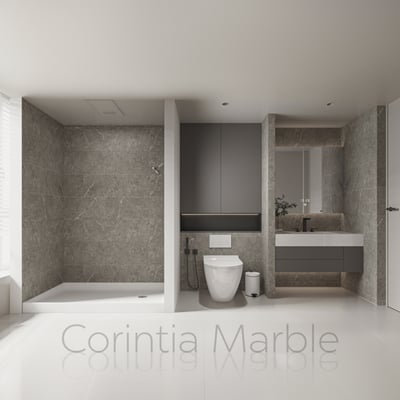 Corintia Marble tile walk-in shower stall with white shower base, toilet, and floating vanity in a modern accessible bathroom