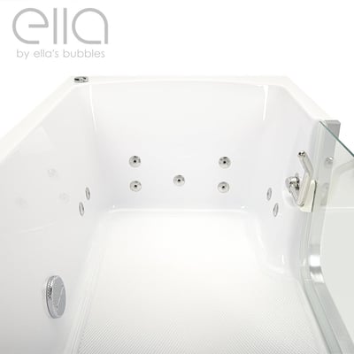 Vue intérieure de la baignoire à porte allongée Ella montrant les hydrojets, le fond antidérapant et la porte en verre à ouverture intérieure