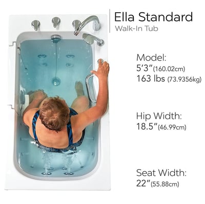 Overhead view of a senior woman soaking in the Ella Standard walk-in tub with hydro massage jets and grab bar - dimensions shown