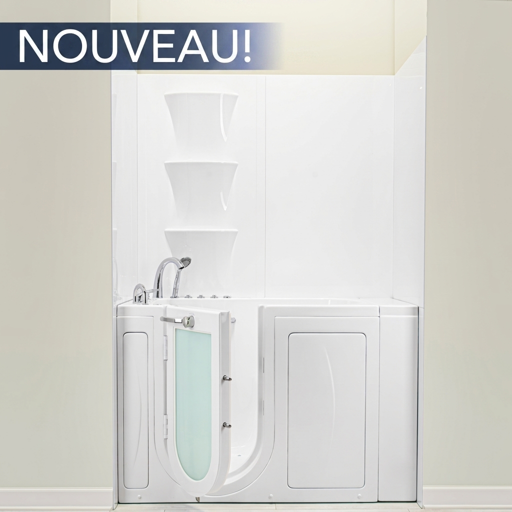 Nouveau kit mural de douche blanc en acrylique de 6 pièces Ella avec niches à savon d’angle superposées et robinetterie chromée dans une baignoire à porte