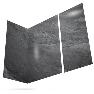 Three-panel Bardiglio marble-pattern acrylic shower wall surround kit shown floating on white background