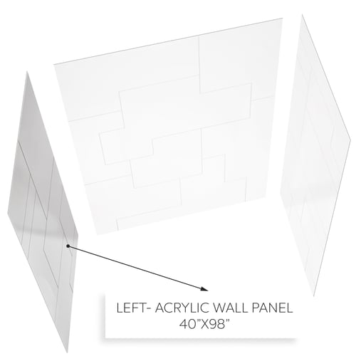 3D diagram of a 40x98 inch left acrylic wall panel with CNC engraved tile pattern for accessible shower stall