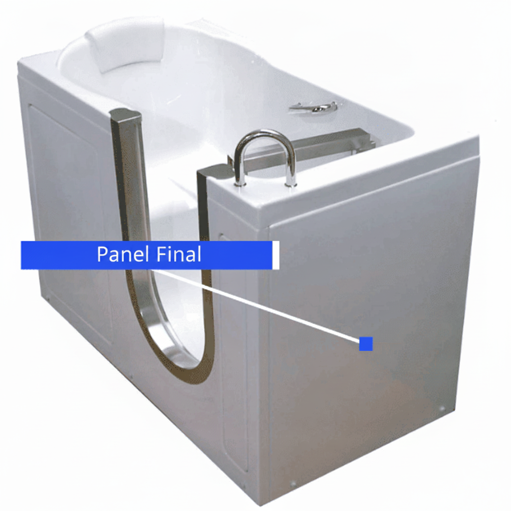 Diagrama de una bañera de hidromasaje Ella con el panel final etiquetado, que muestra el marco de la puerta de acero inoxidable y la barra de apoyo