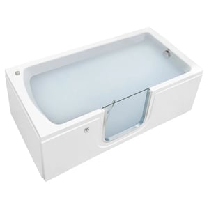 White acrylic lay-down walk-in bathtub with inward swing glass door, 30x60 inch low-step entry soaking tub