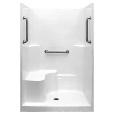 White Ella accessible shower stall with built-in left side seat, center drain, and three stainless steel grab bars