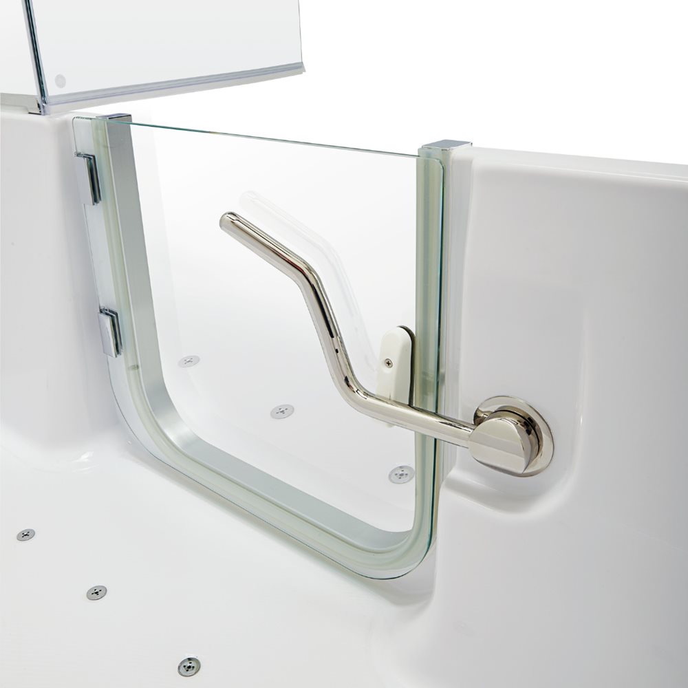 Close-up of the clear tempered glass inward swing door with polished grab bar on an Ella LayDown acrylic walk-in tub