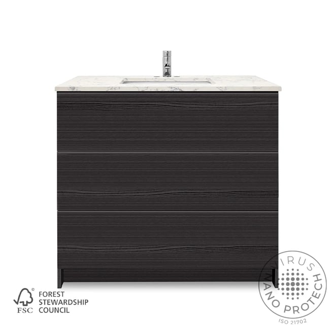 Dark ebony wood-grain 36-inch freestanding bathroom vanity with marble countertop and chrome single-hole faucet
