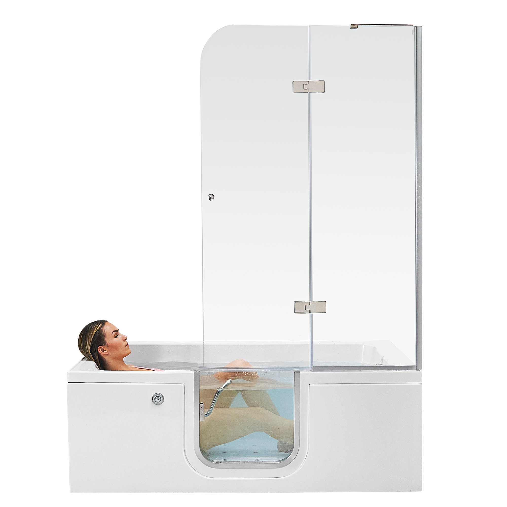 Femme allongée dans une baignoire à porte Ella LayDown 30x60 avec porte en verre transparent et écran de douche pliant en verre