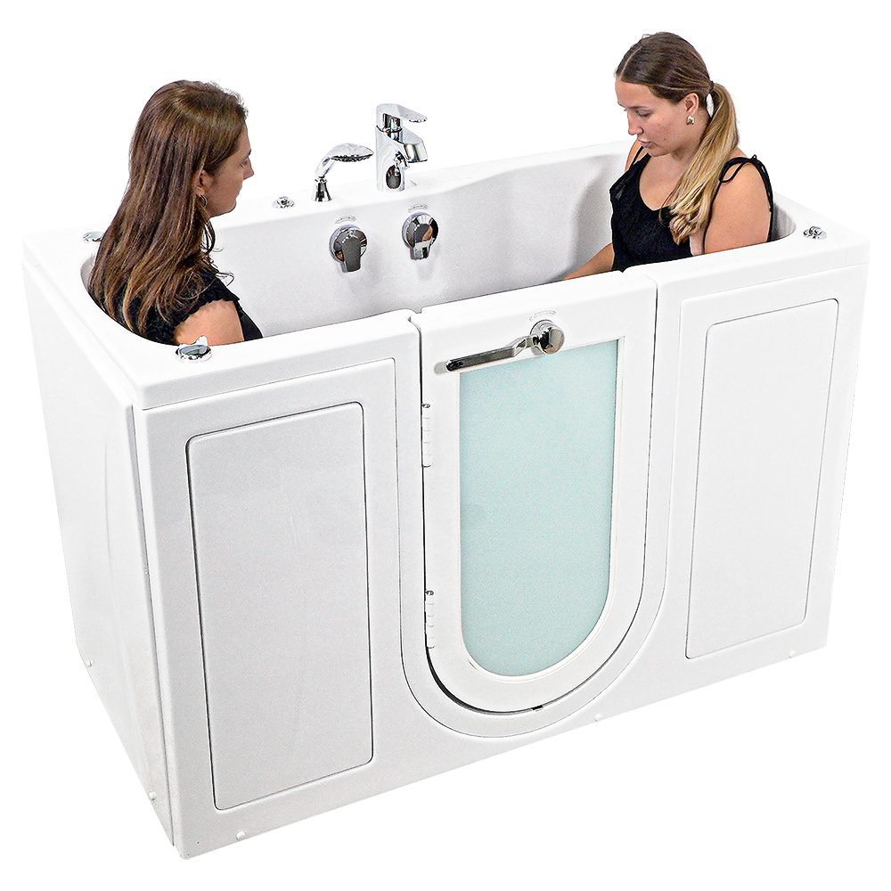 Two women seated facing each other inside the Ella Tub4Two two-seat walk-in bathtub with the outward-swing frosted glass door