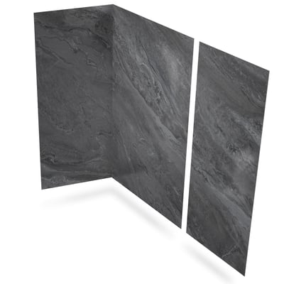 Three dark gray Bardiglio marble-pattern acrylic shower wall panels with swirling stone texture for walk-in tub surrounds