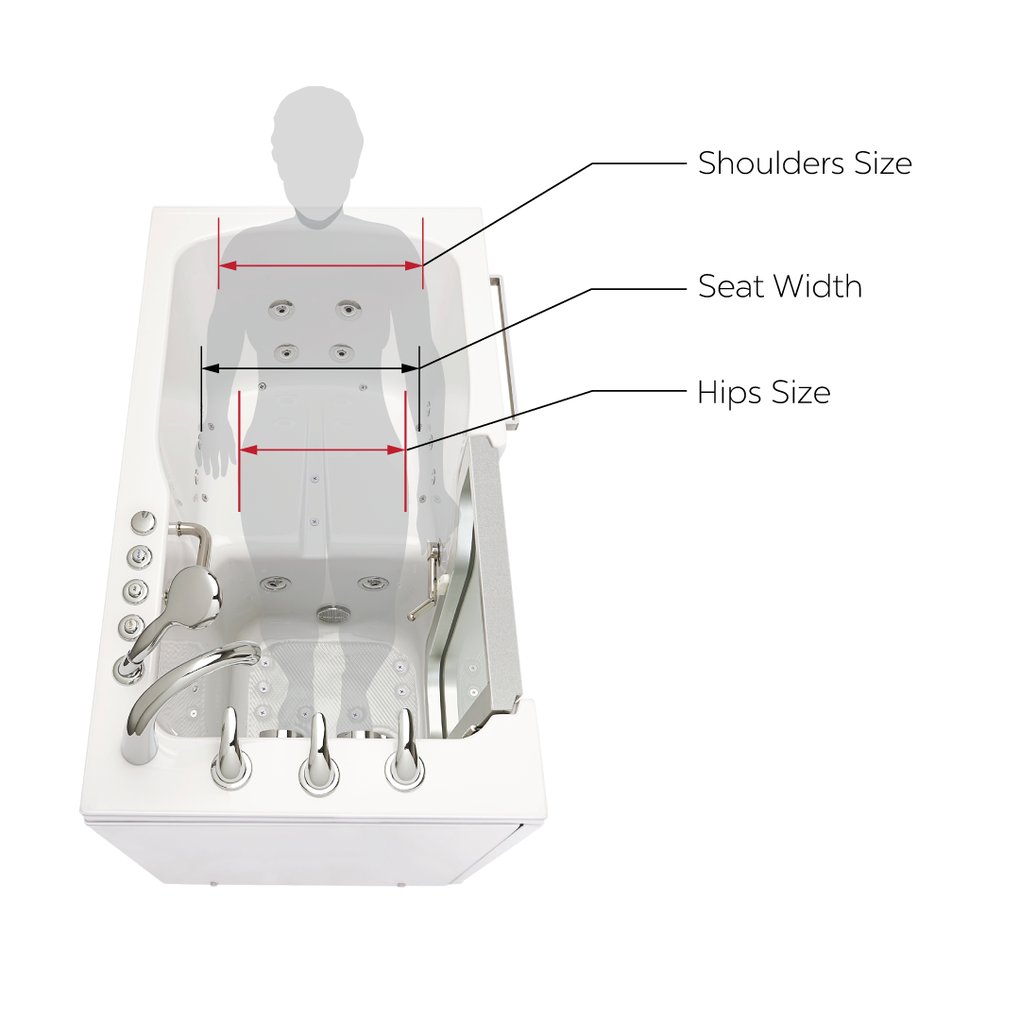 Diagram of a walk-in tub interior showing labeled measurements: shoulders size, seat width, and hips size with a human silhouette