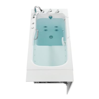Overhead view of Ella's 30x52 acrylic walk-in bathtub with hydro jets, chrome grab bar, faucet, and side entry door