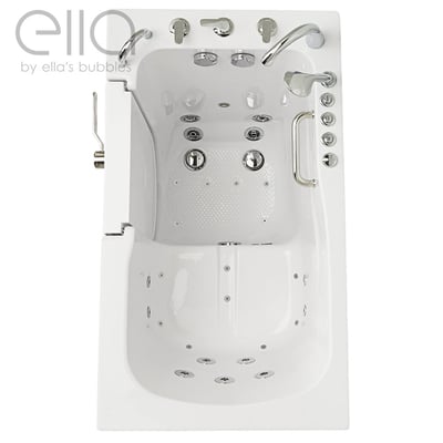 Overhead view of the Ella Capri walk-in tub with outward swing door, hydro jets, grab bar, and anti-slip floor