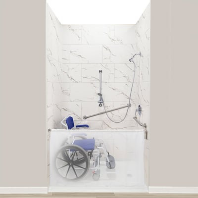 Wheelchair shower chair inside an Ella roll-in accessible shower stall with grab bars and handheld showerhead
