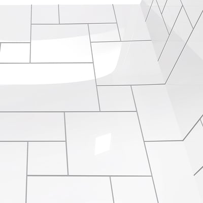 Primer plano de los paneles de pared de ducha de acrílico QuadQuilt en blanco brillante y de las baldosas del suelo en un kit de ducha de 3 piezas